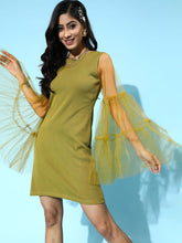 Green Tulle Flare Sleeve Bodycon Dress-Dress-SASSAFRAS