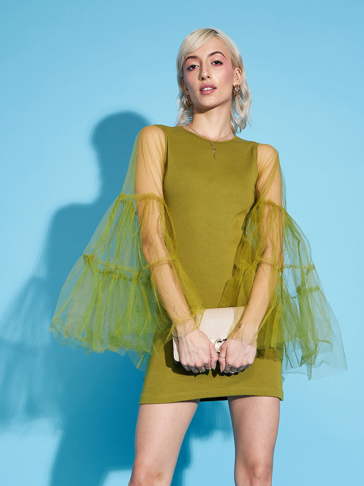 Green Tulle Flare Sleeve Bodycon Dress-SASSAFRAS
