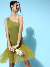 Green Tulle One Shoulder Dress-Dress-SASSAFRAS