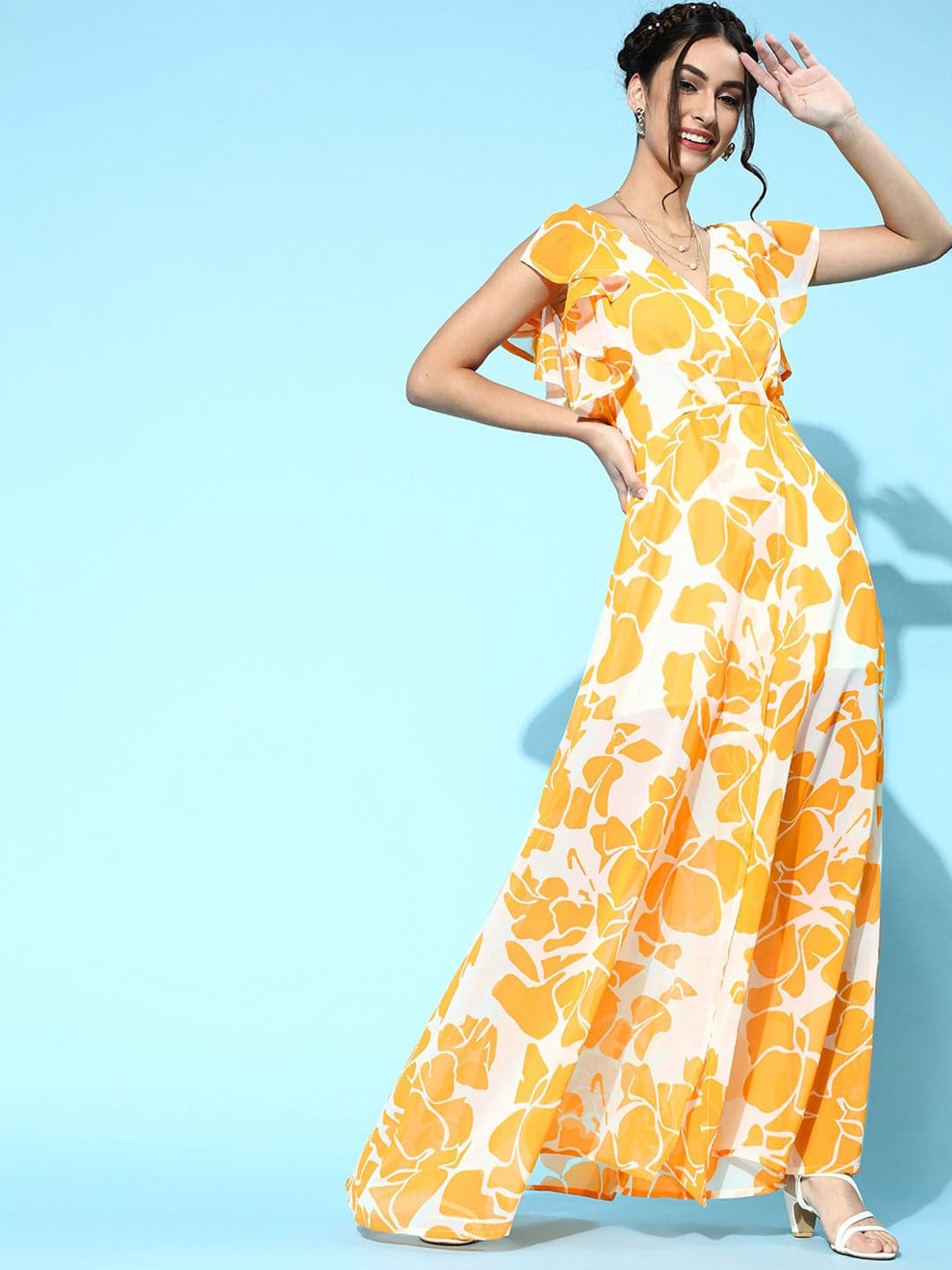 Mustard Floral Frill Sleeve Maxi-Dress-SASSAFRAS