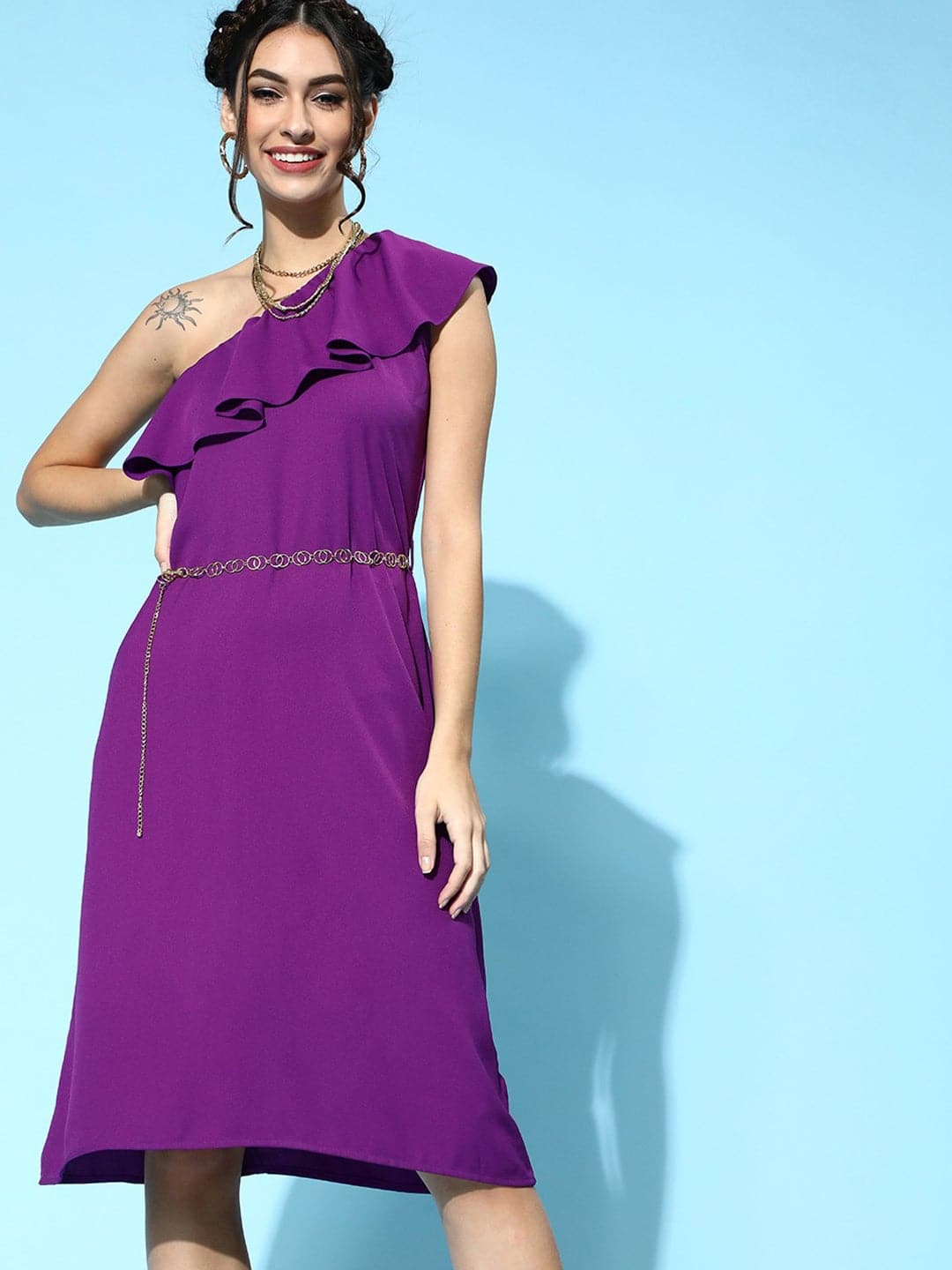 Purple One Shoulder Frill Belted Dress-Dress-SASSAFRAS