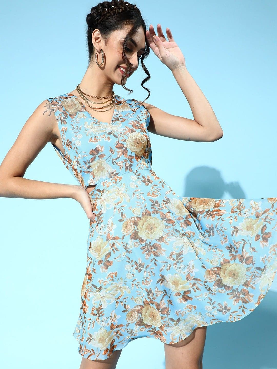 Blue Floral Organza Side Cut Out Dress-Dress-SASSAFRAS