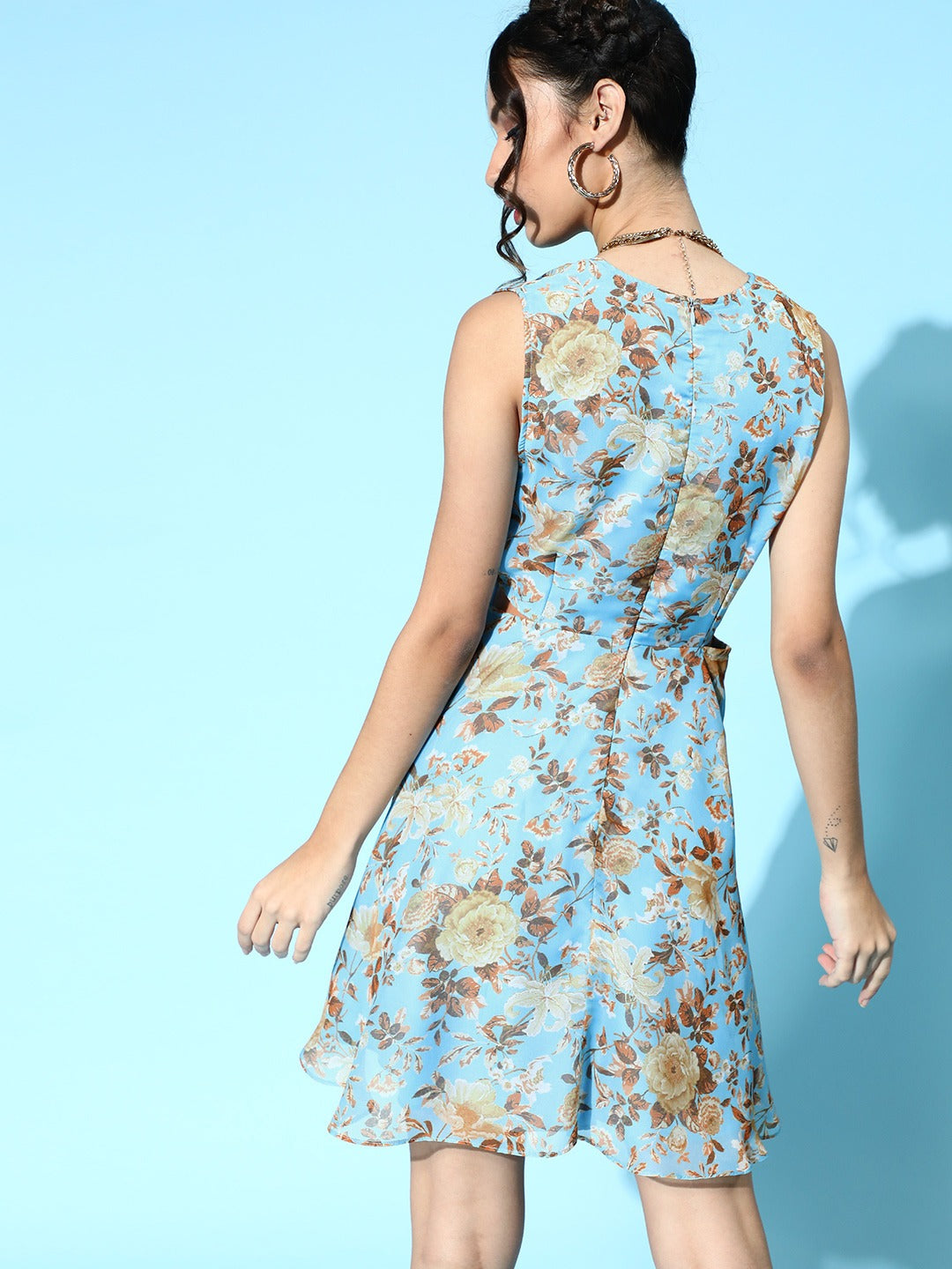 Blue Floral Organza Side Cut Out Dress