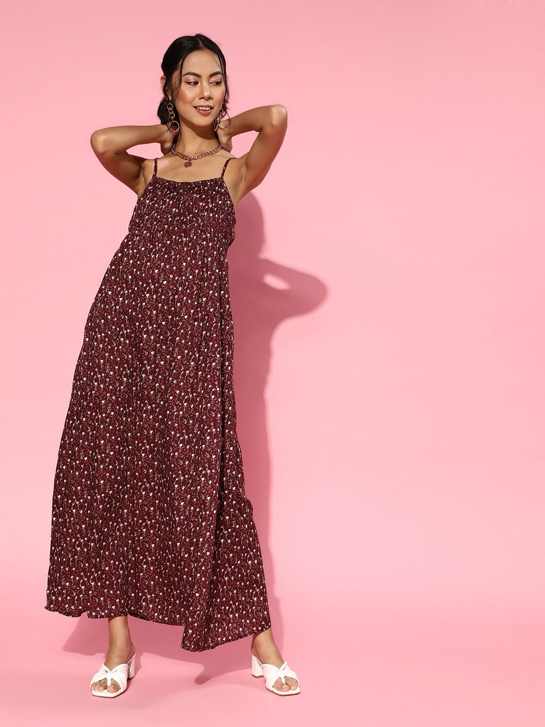 Women Maroon Floral Strappy Maxi Dress