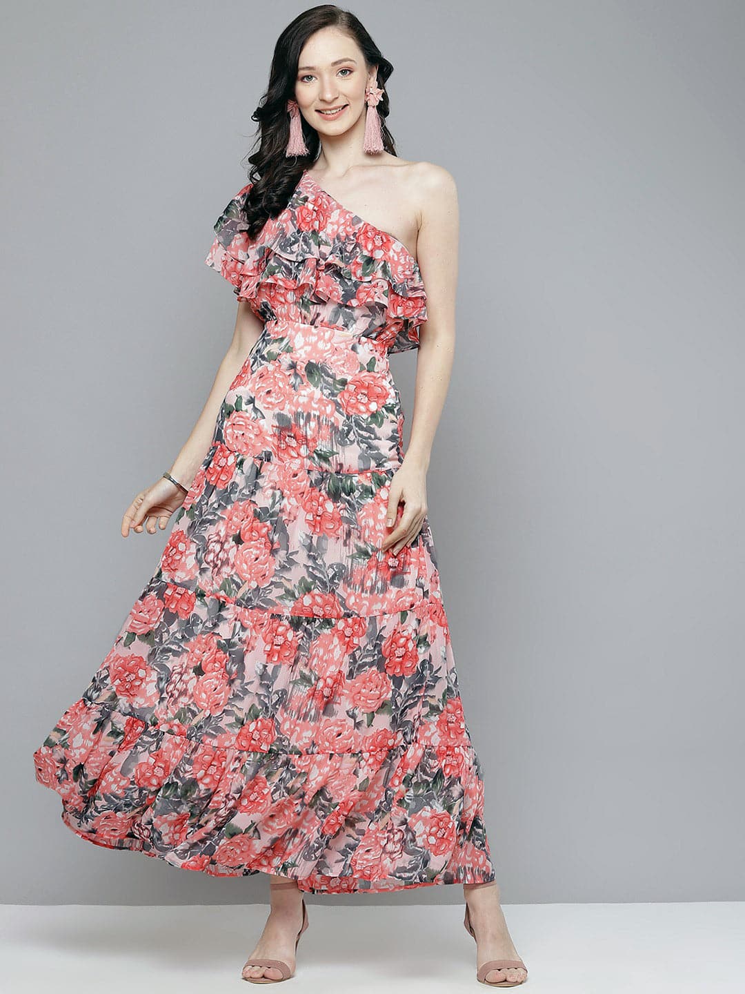 Women Peach Floral One Shoulder Maxi Dress-Dress-SASSAFRAS