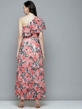 Women Peach Floral One Shoulder Maxi Dress