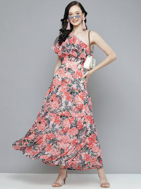 Women Peach Floral One Shoulder Maxi Dress