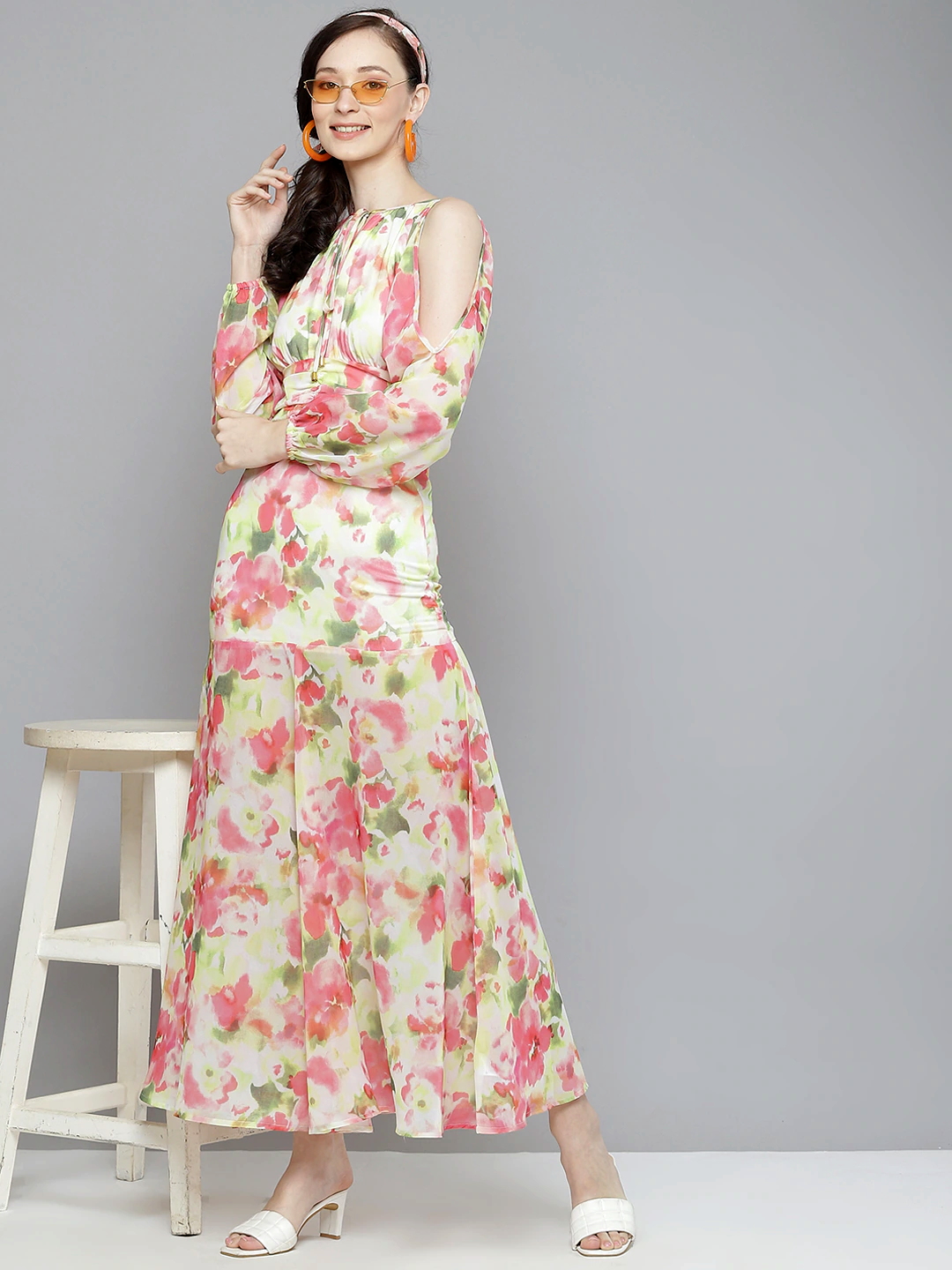 Women White & Pink Floral Cold Shoulder Maxi-Dress-SASSAFRAS