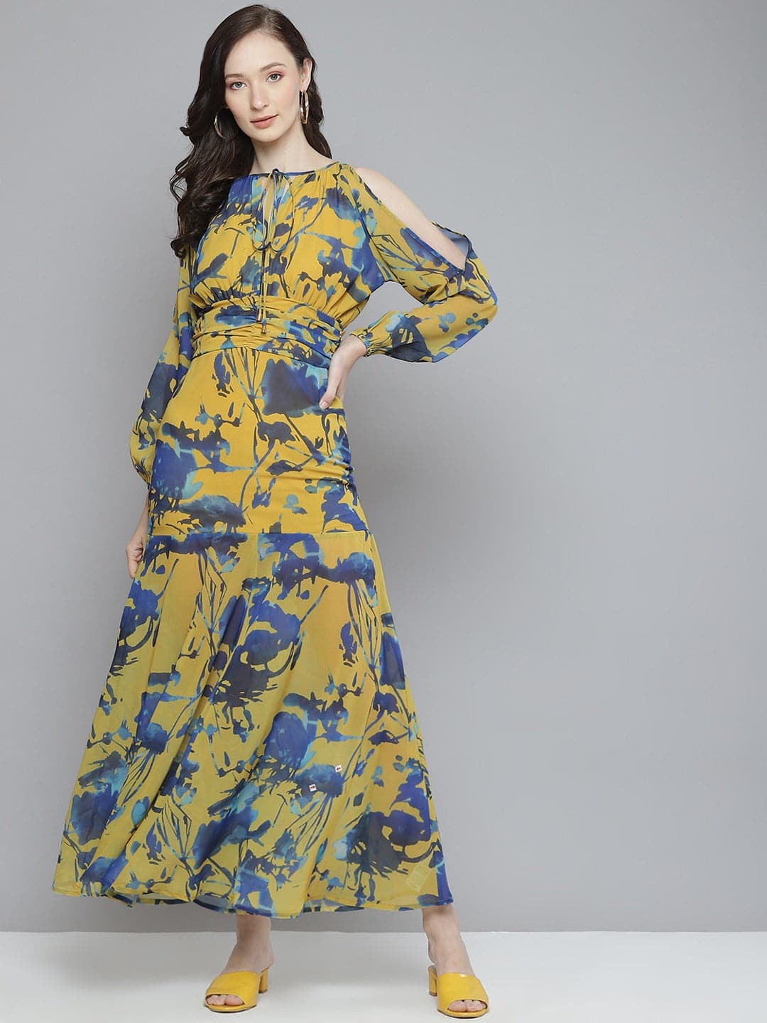 Women Mustard & Blue Floral Cold Shoulder Maxi-Dress-SASSAFRAS
