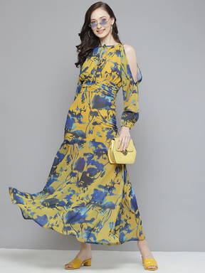 Women Mustard & Blue Floral Cold Shoulder Maxi