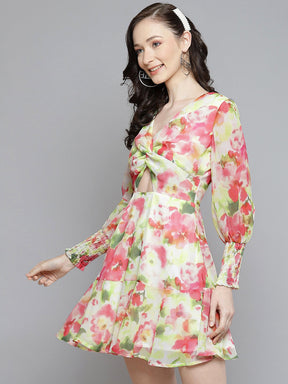Women White & Pink Floral Front Knot Short Dress