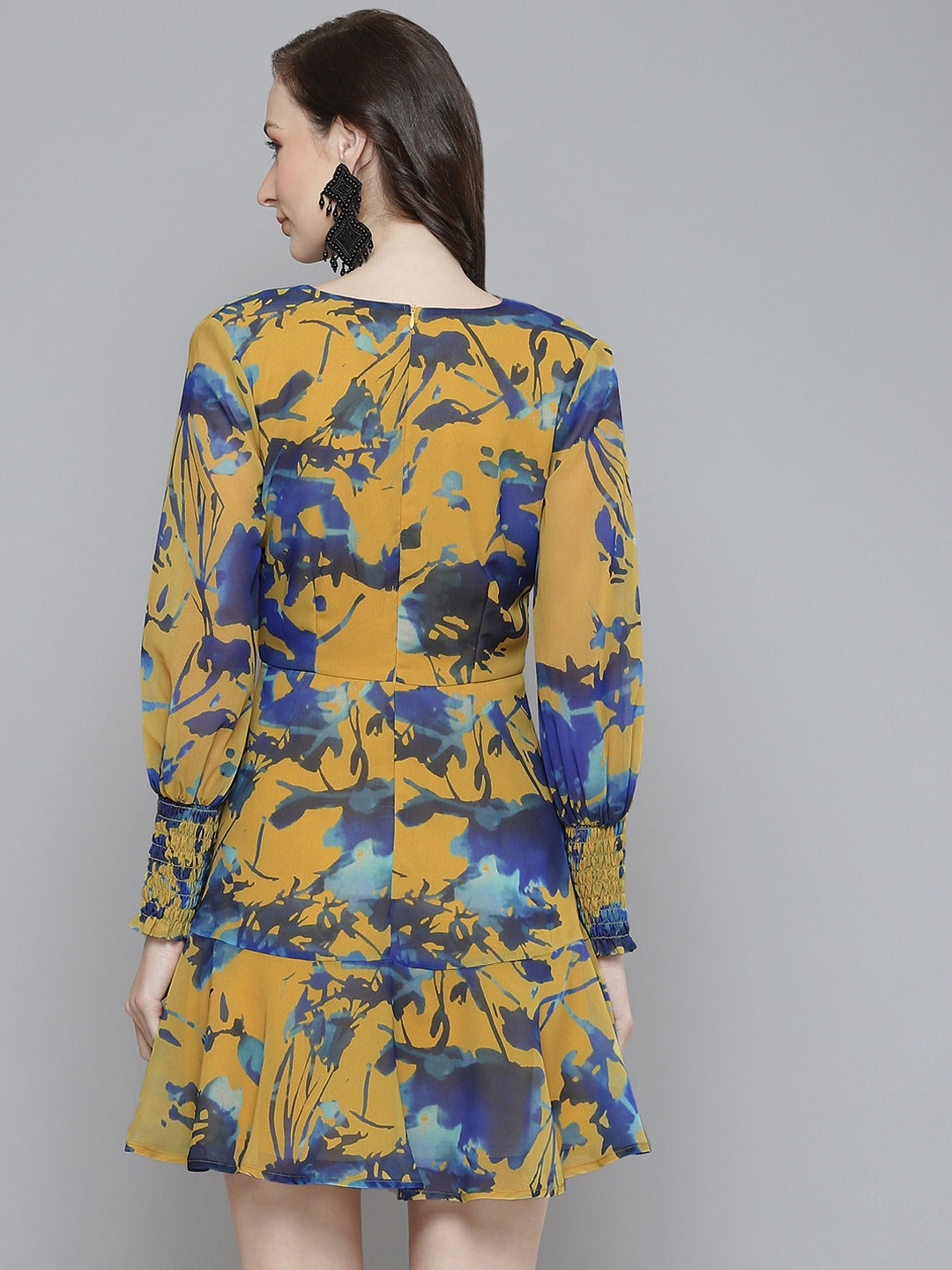 Women Mustard & Blue Floral Front Knot Short Dress