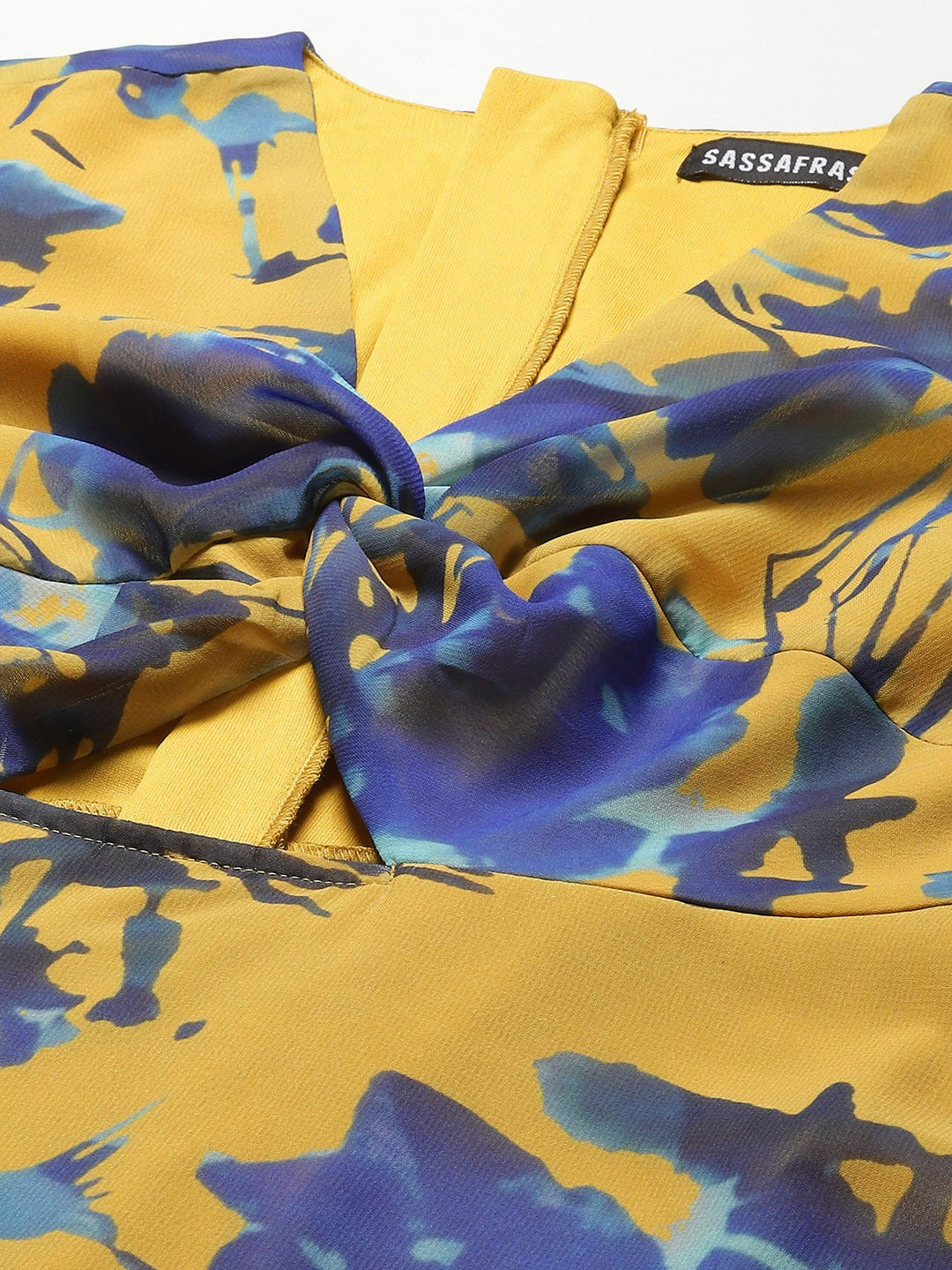 Women Mustard & Blue Floral Front Knot Short Dress