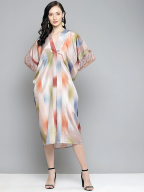 Women Multicolour Striped Fringe Lace Kaftan-Dress-SASSAFRAS