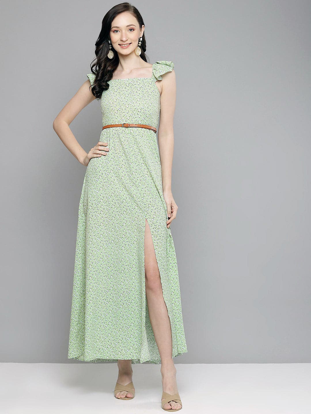 Women Green Floral Bardot Belted Maxi Dress-Dress-SASSAFRAS