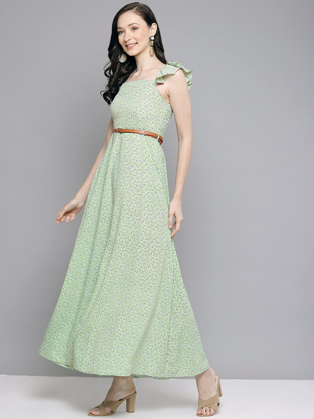 Women Green Floral Bardot Belted Maxi Dress