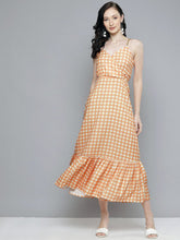 Women Orange & White Check Strappy Maxi-Dress-SASSAFRAS
