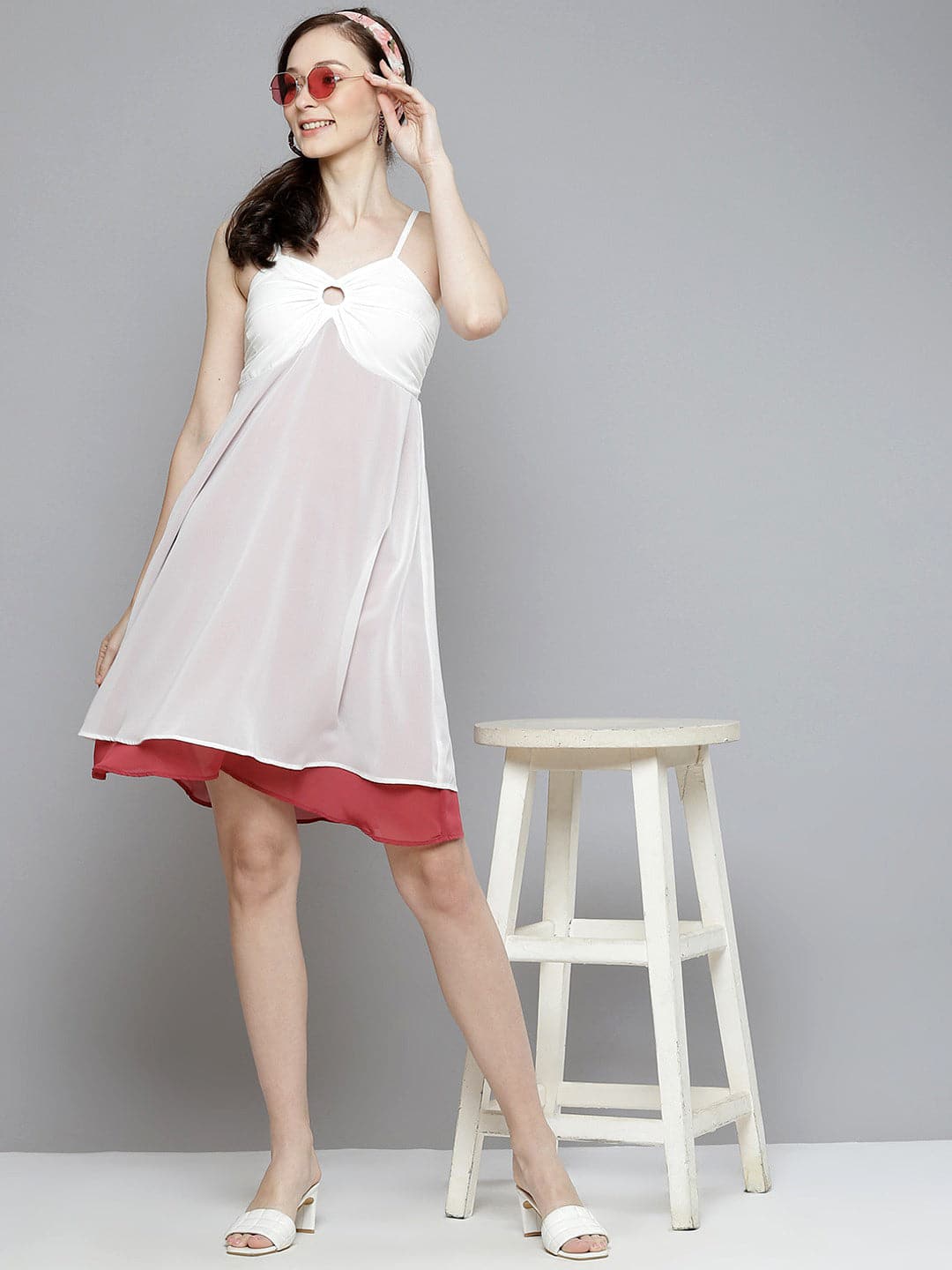 Women White & Rose Pink Layered Short Dress-Dress-SASSAFRAS