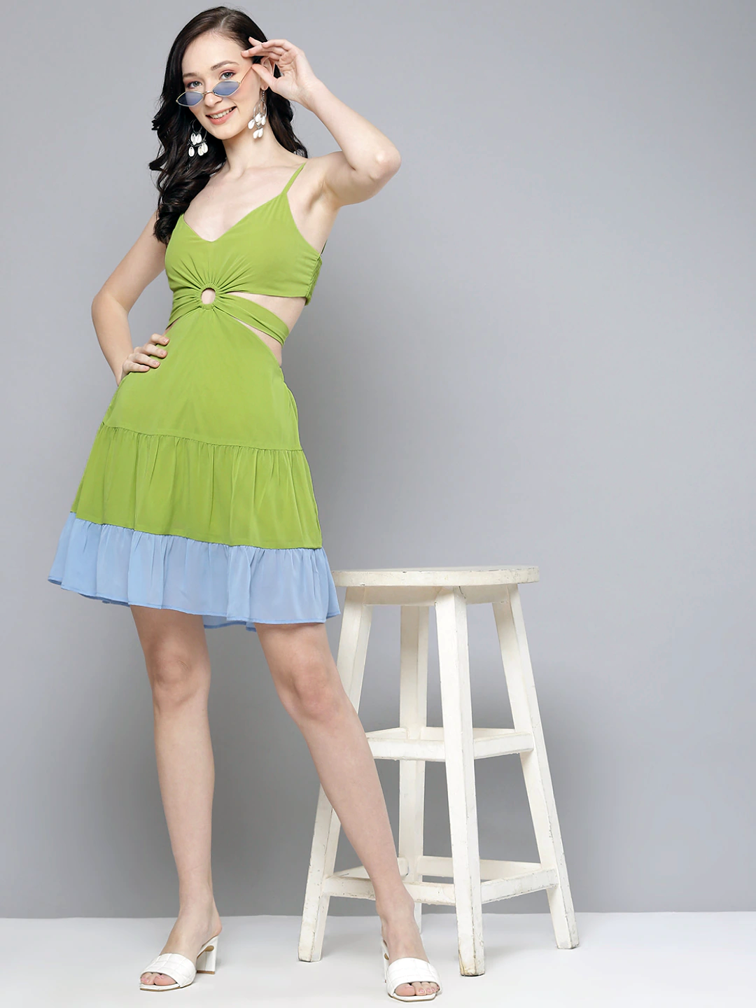 Women Blue & Lime Green Side Cut-Out Short Dress