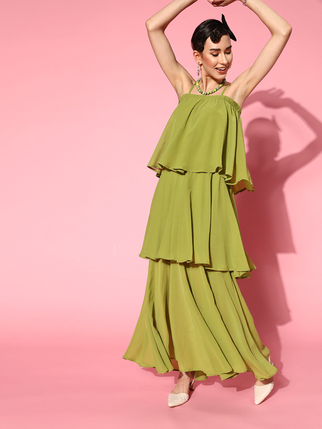 Women Mint Green Strappy Layered Maxi Dress-Dress-SASSAFRAS