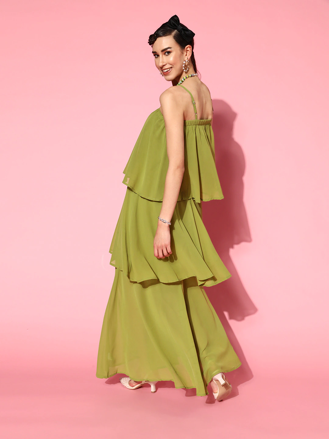 Women Mint Green Strappy Layered Maxi Dress