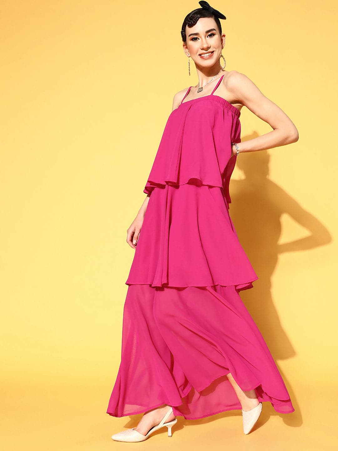 Women Fuchsia Strappy Layered Maxi Dress-Dress-SASSAFRAS