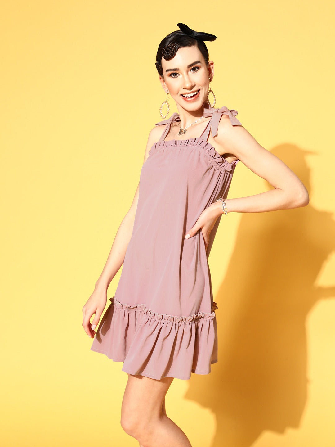 Women Baked Pink Tie-Up Straps Trapeze Dress