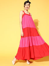 Women Red & Fuchsia ColourBlock Tiered Maxi Dress-Dress-SASSAFRAS