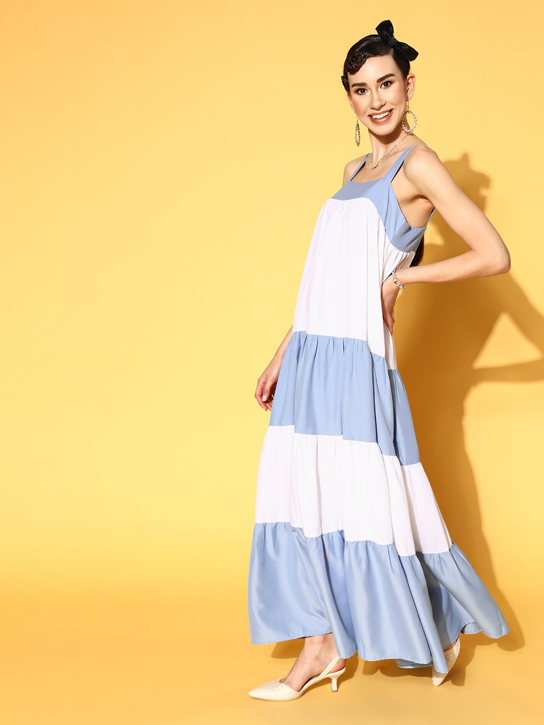 Women Blue & White ColourBlock Tiered Maxi Dress