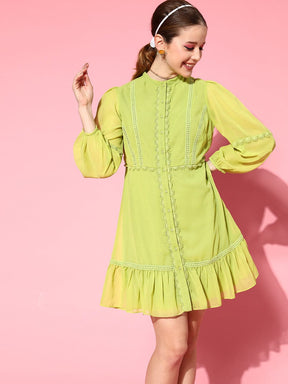 Women Green Lace Detail Dress-Dress-SASSAFRAS
