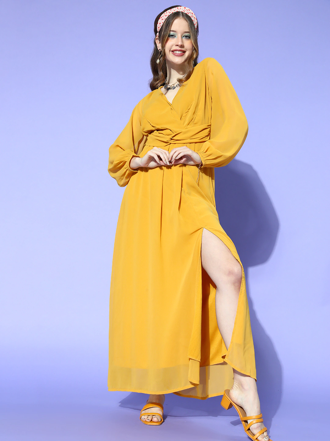Women Mustard Wrap Maxi Dress-Dress-SASSAFRAS