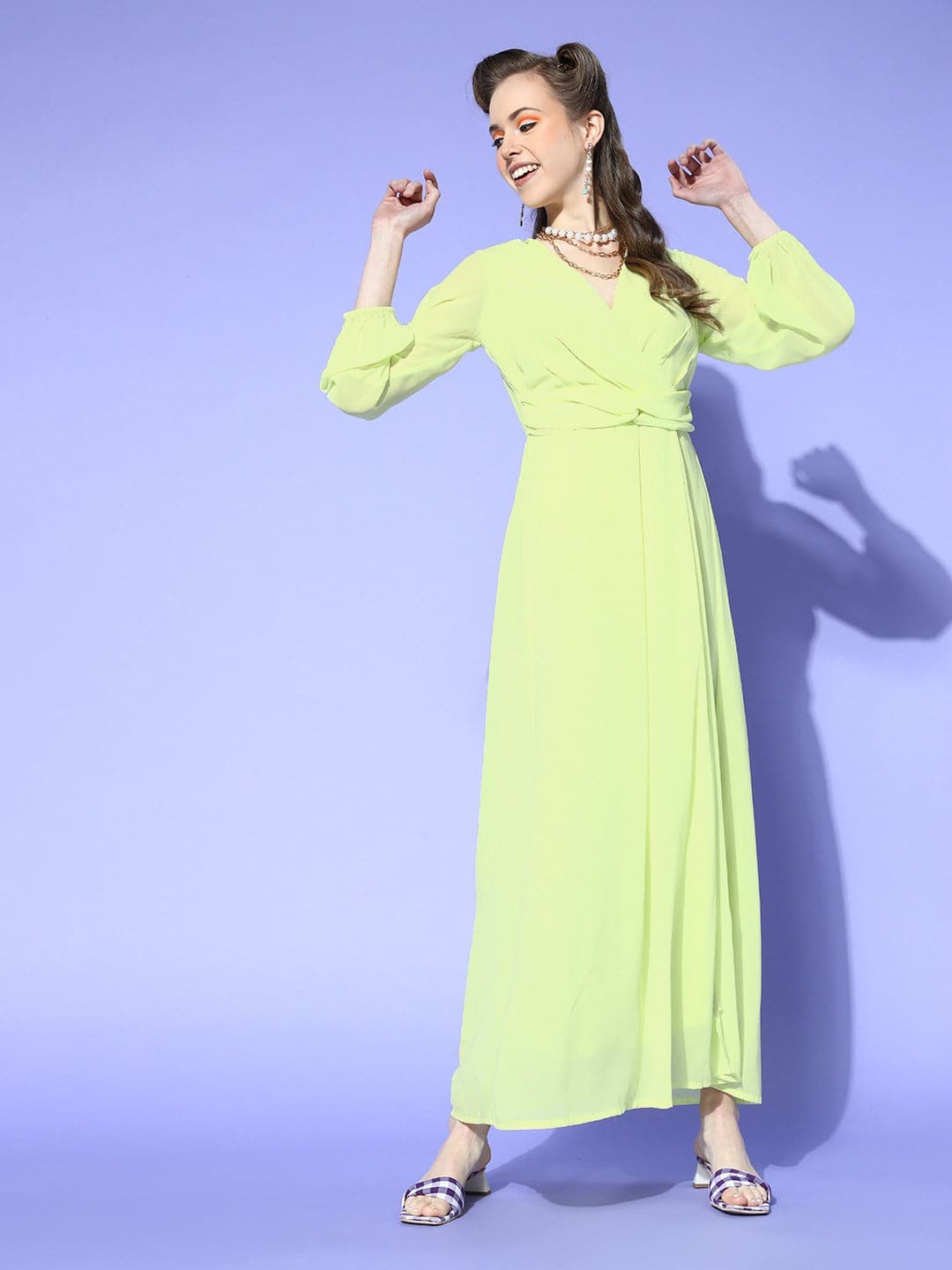 Women Lime Green Wrap Maxi Dress-Dress-SASSAFRAS