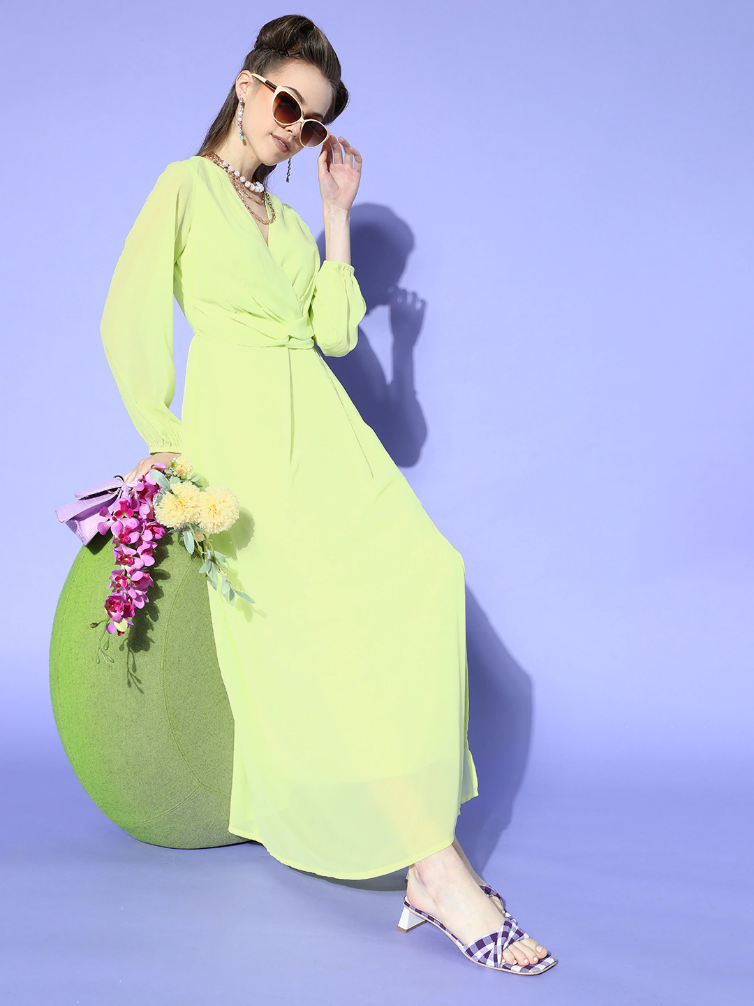 Women Lime Green Wrap Maxi Dress