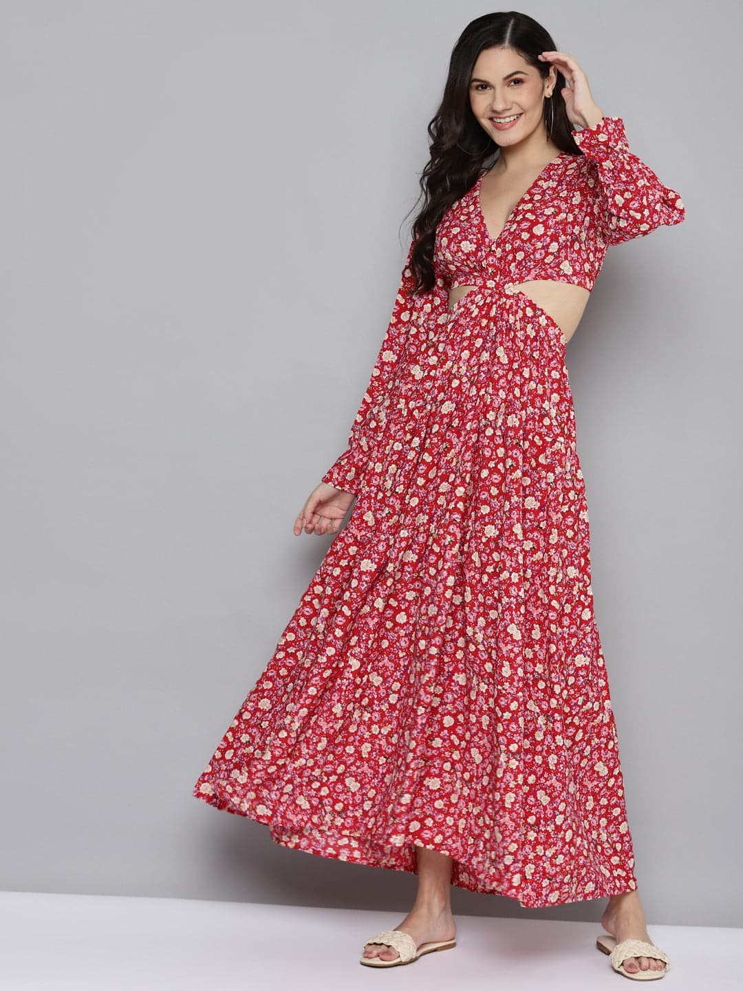 Women Red Ditsy Floral Waist Cut-Out Maxi Dress-Dress-SASSAFRAS