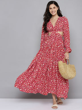 Women Red Ditsy Floral Waist Cut-Out Maxi Dress