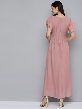 Women Onion Pink Wrap Belted Maxi Dress