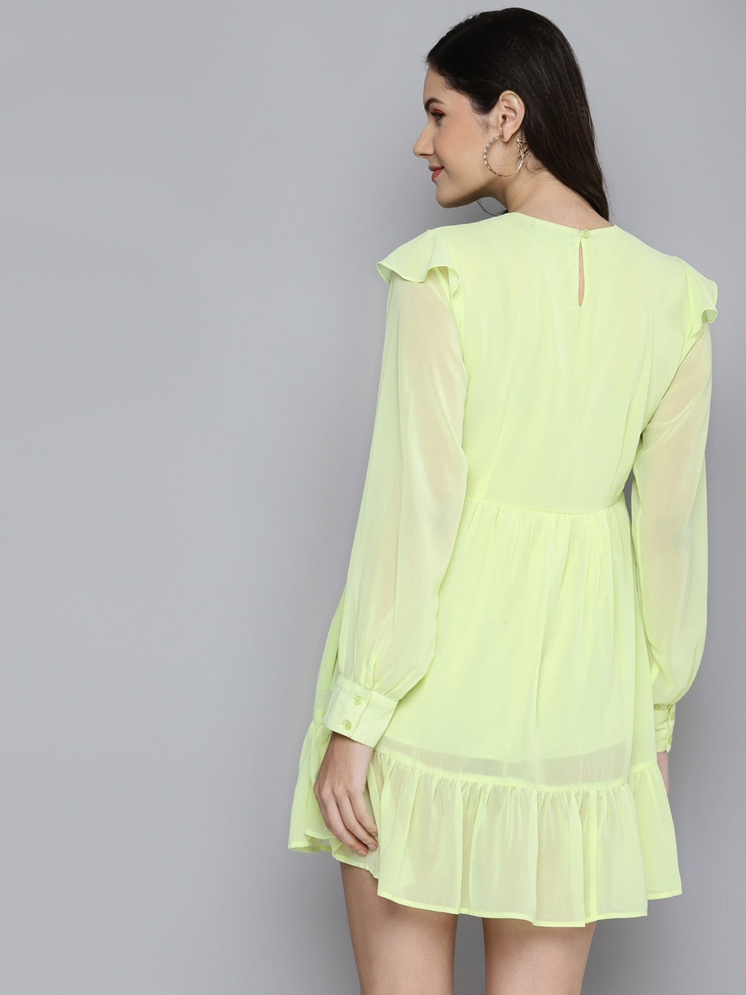Women Lime Green Frill Hem Short Dress