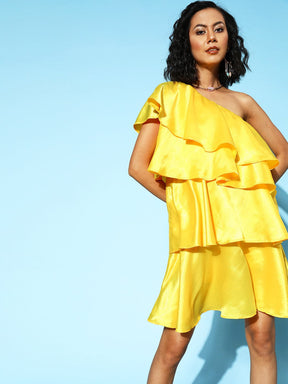 Women Yellow Satin One Shoulder Layered Short Dress-Dress-SASSAFRAS