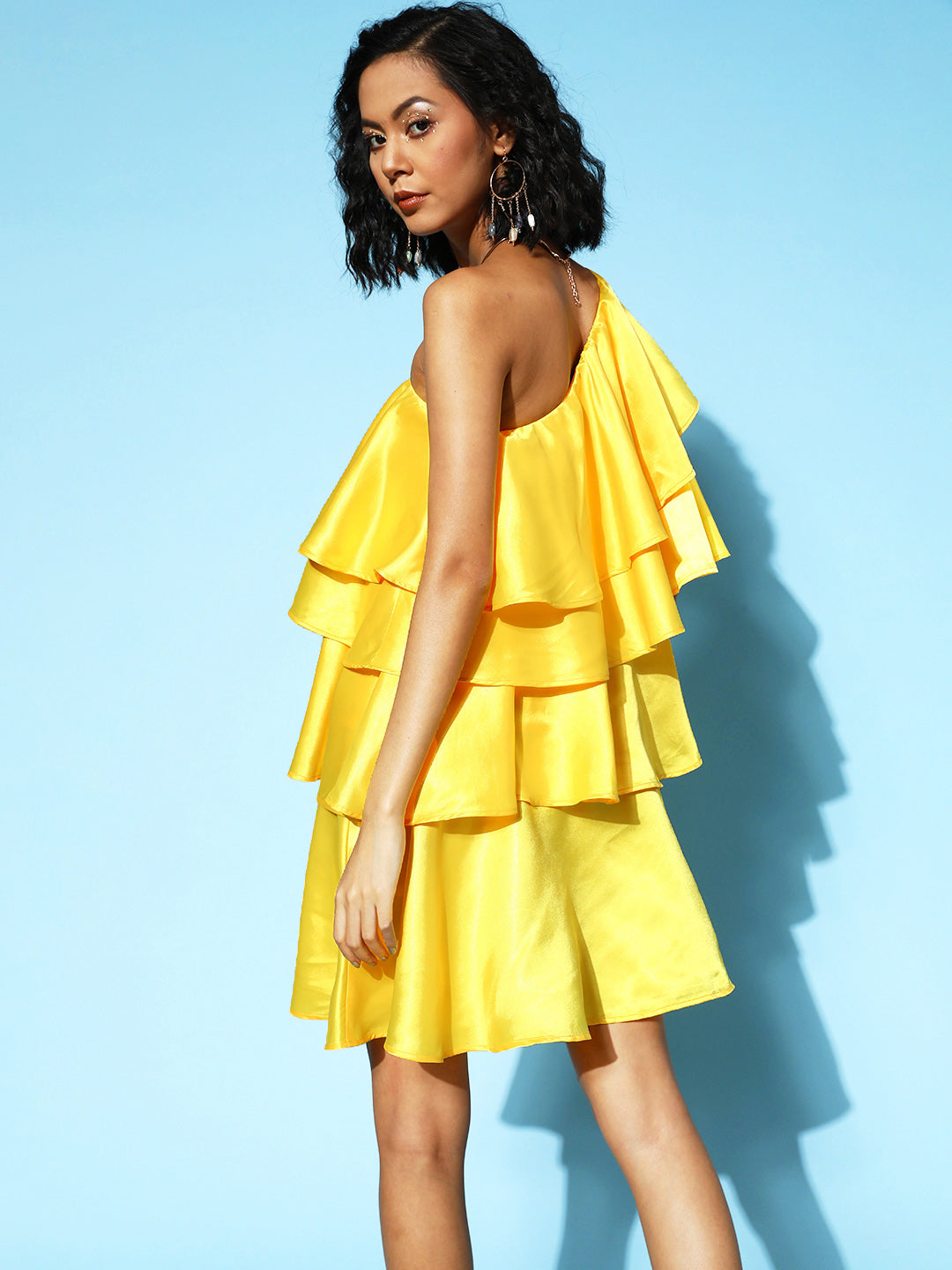 Women Yellow Satin One Shoulder Layered Short Dress