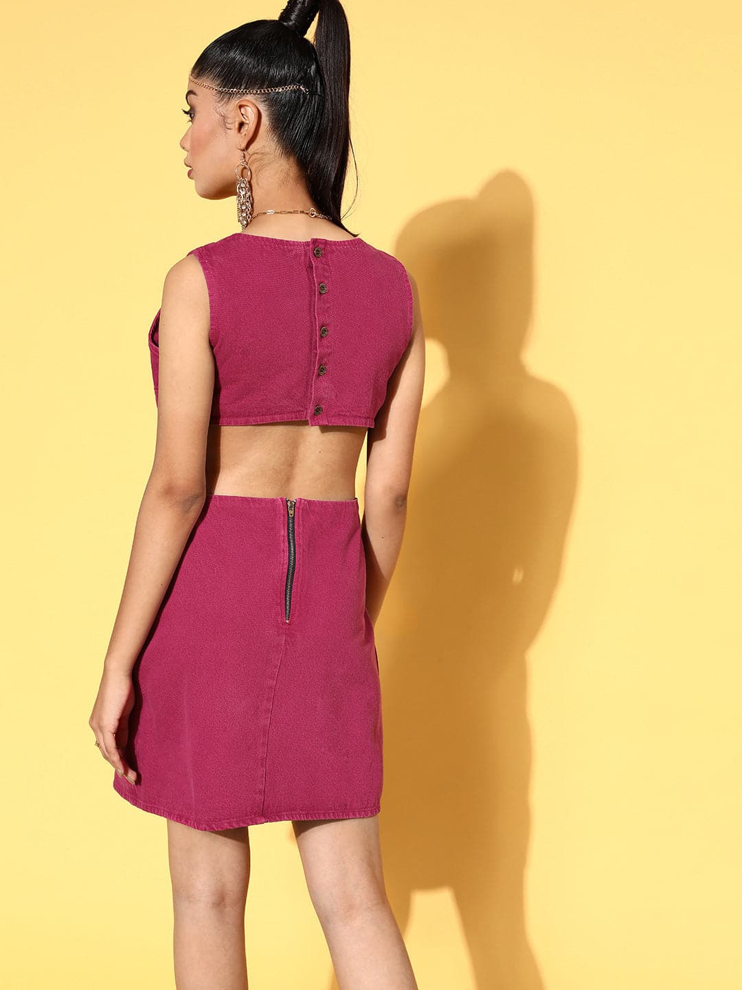 Women Fuchsia Back Cut-Out Shift Denim Dress-Dress-SASSAFRAS