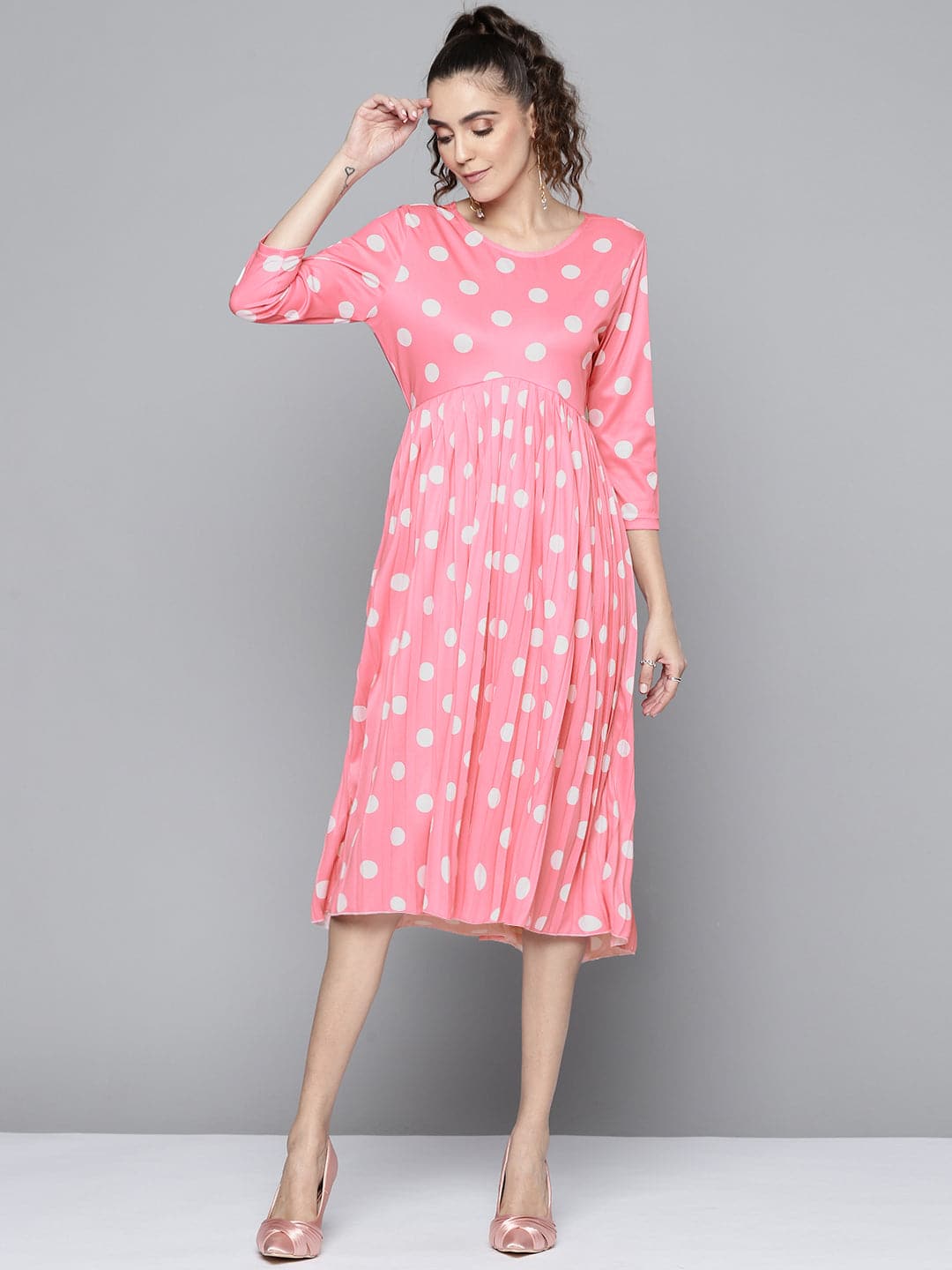 Women Pink and White Polka Dot Round Neck Pleated Dress-Dress-SASSAFRAS