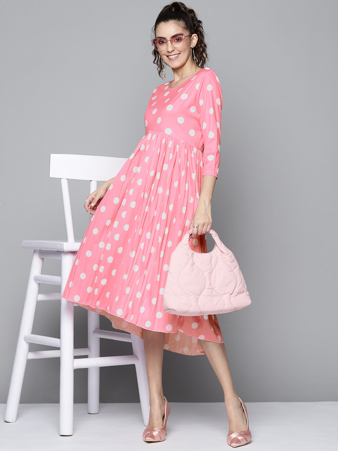 Women Pink and White Polka Dot Round Neck Pleated Dress