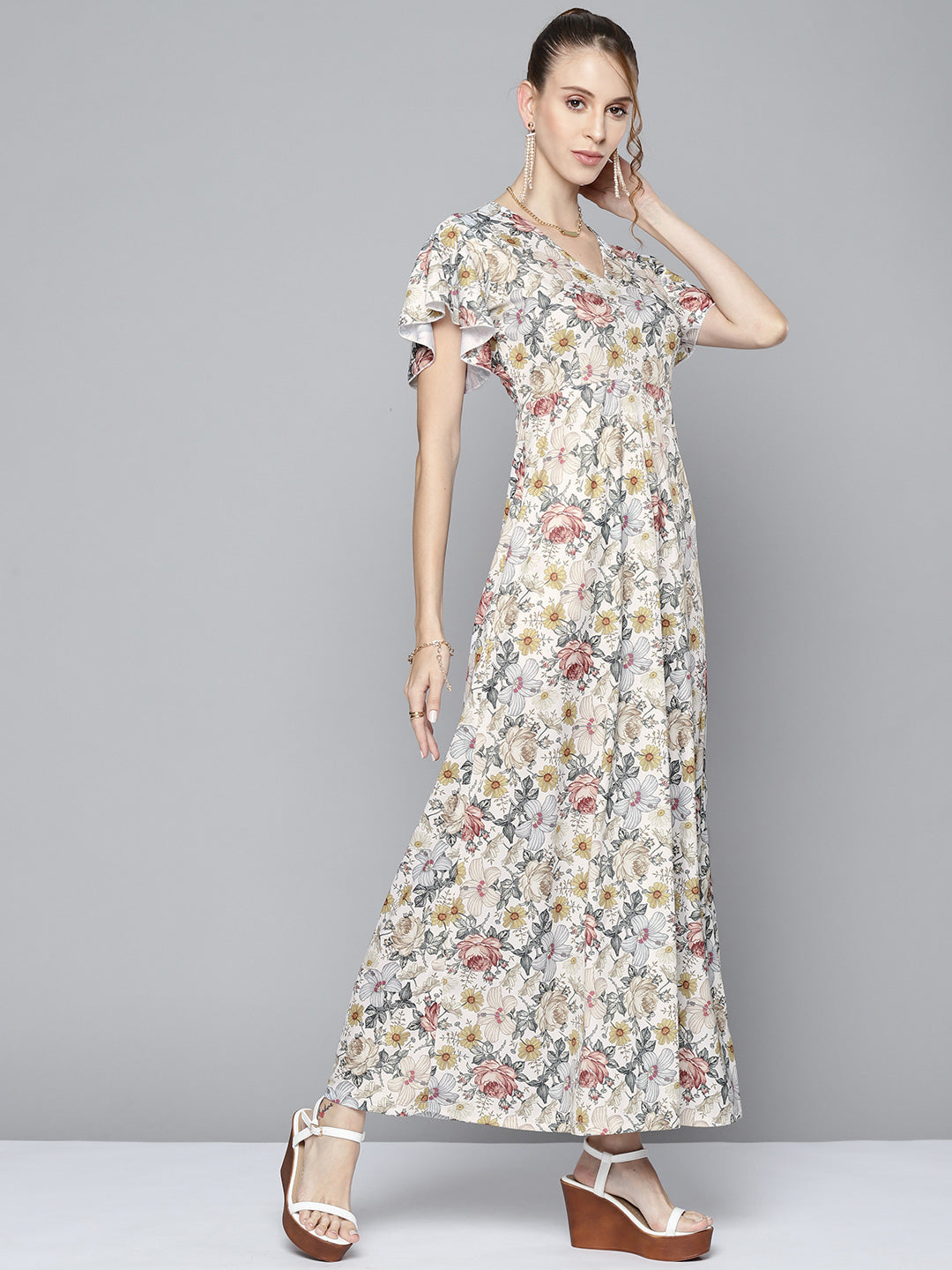 Women Off White Floral Back Cut Out Maxi Dress