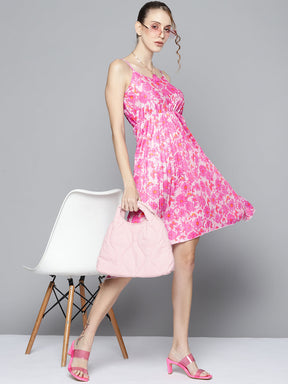 Women Pink Floral Strappy Asymmetric Hem Dress