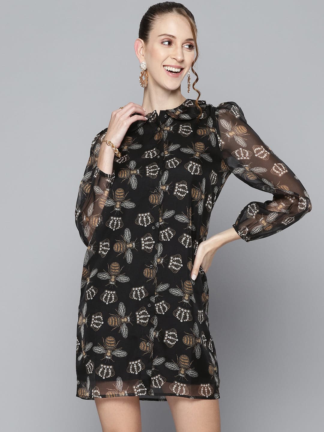 Women Black Beetle Print Collar Neck Shirt Dress-Dress-SASSAFRAS