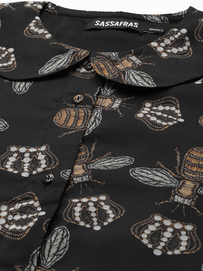 Women Black Beetle Print Collar Neck Shirt Dress