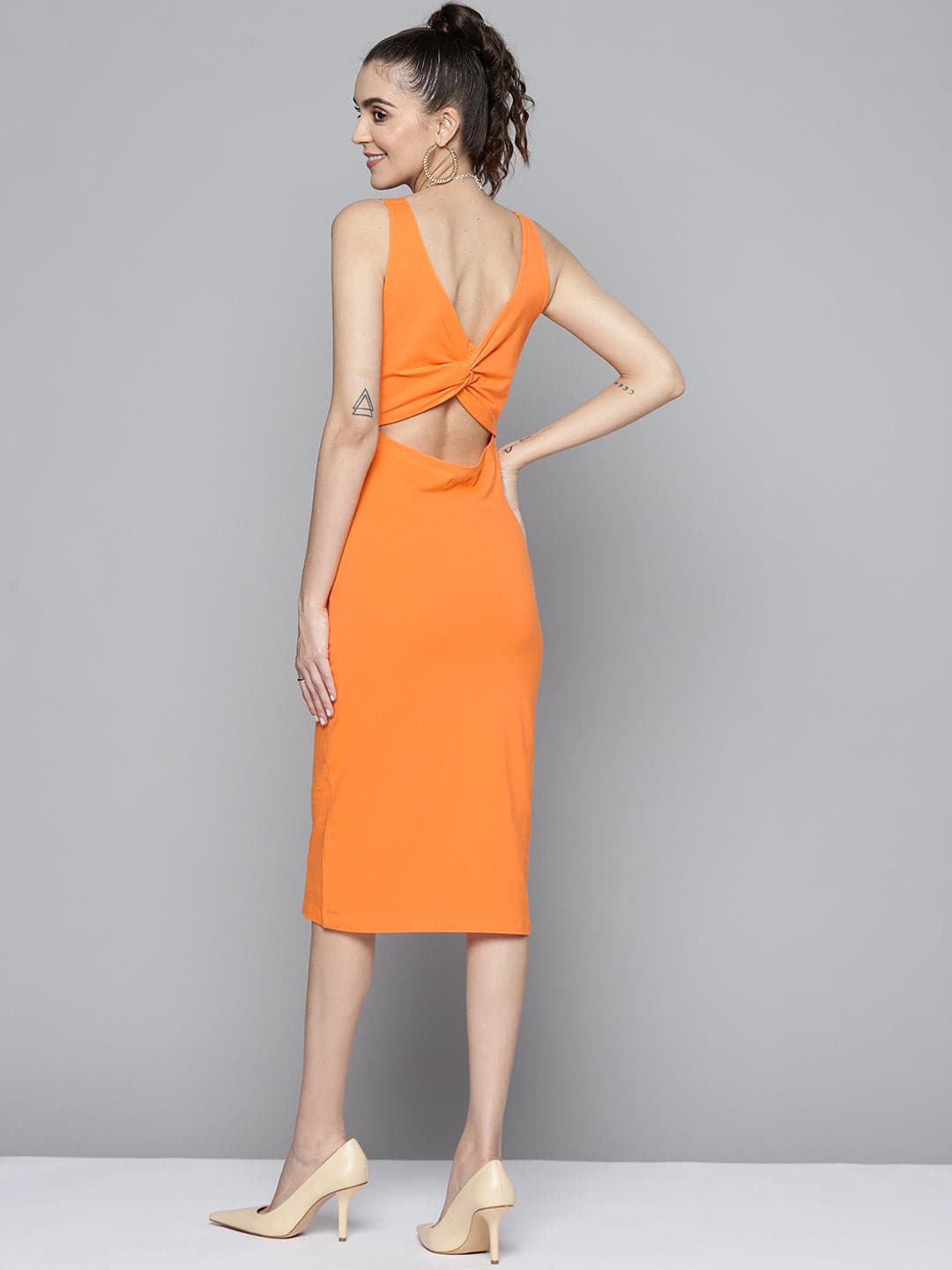Women Orange Back Cut-Out Bodycon Dress-Dress-SASSAFRAS