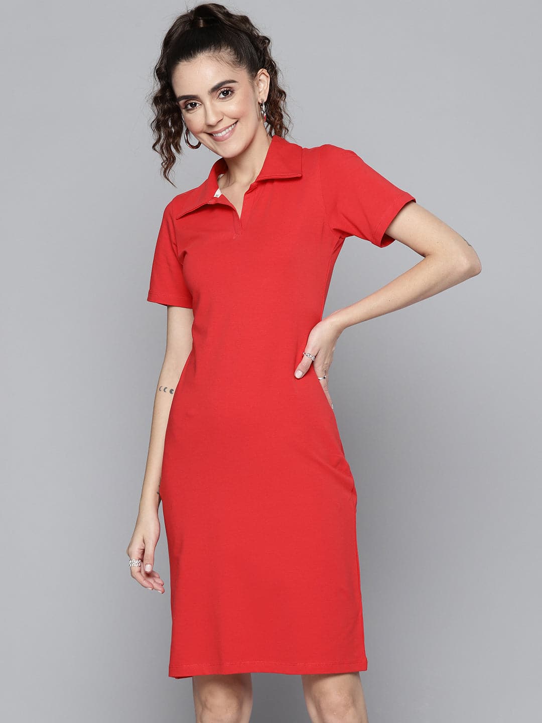 Women Red Polo Neck Bodycon Dress-Dress-SASSAFRAS