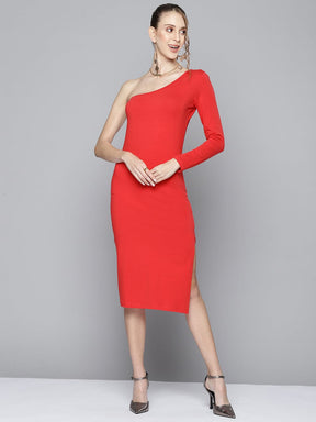 Women Red One Shoulder Bodycon Dress-Dress-SASSAFRAS
