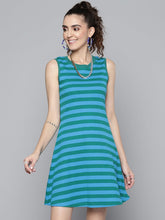 Women Green & Blue Rib A-Line Dress-Dress-SASSAFRAS